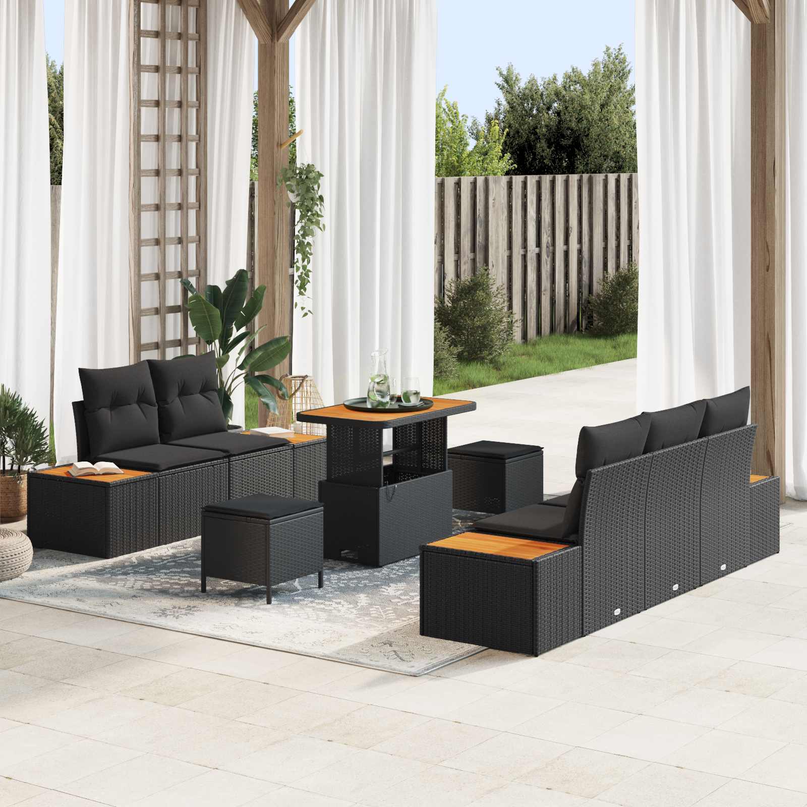 Set Divano da Giardino con cuscino con archiviazione 8 pcs Nero | homemem39
