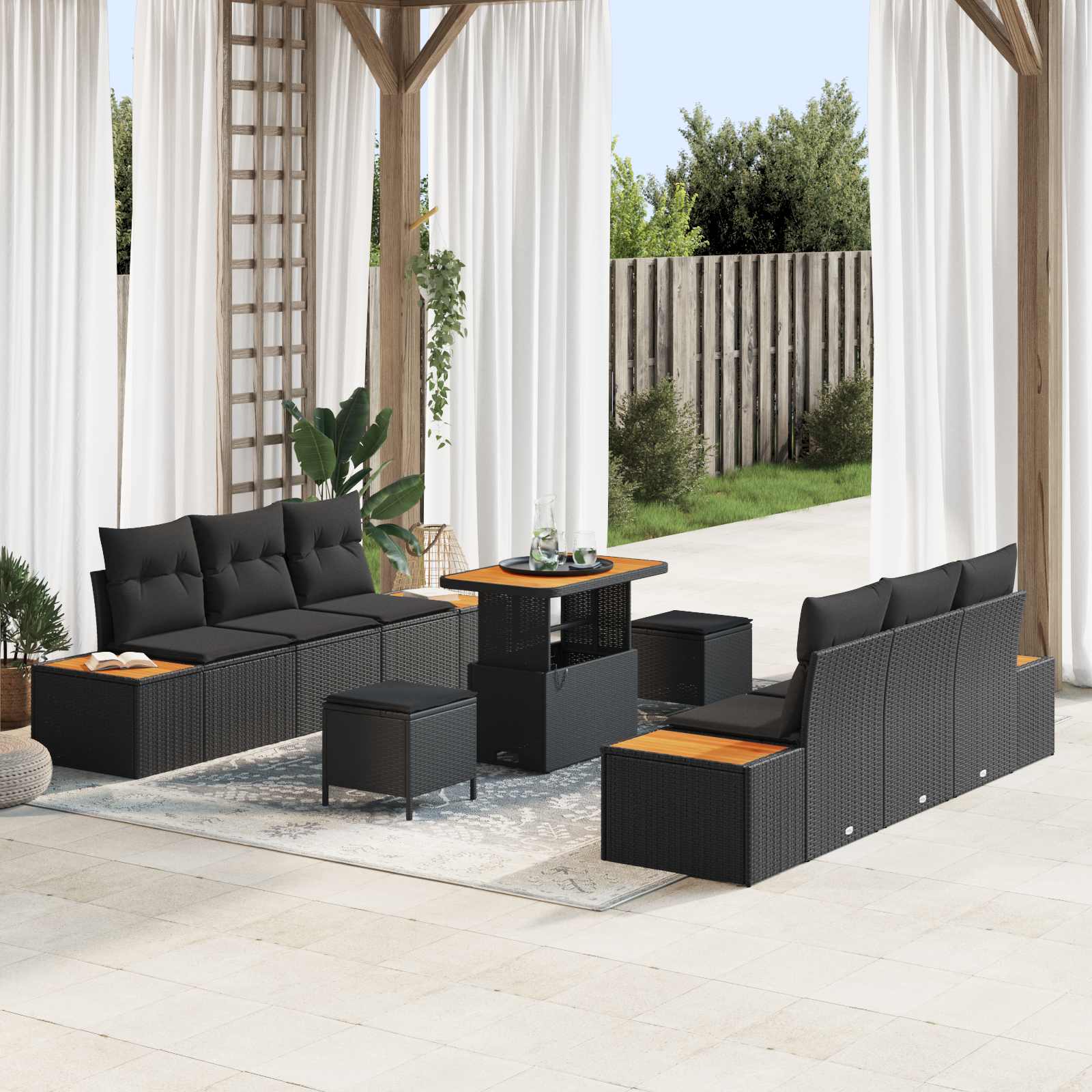 Set Divano da Giardino con cuscino 9 pcs Nero Poly Rattan | homemem39