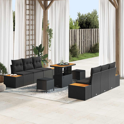 Set Divano da Giardino con cuscino 9 pcs Nero Poly Rattan | homemem39