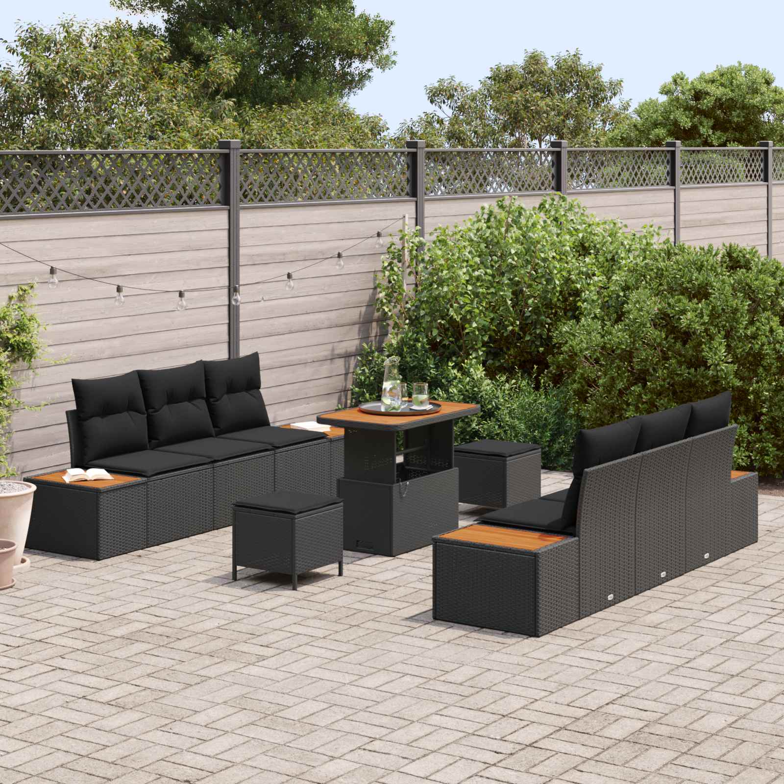 Set Divano da Giardino con cuscino 9 pcs Nero Poly Rattan | homemem39