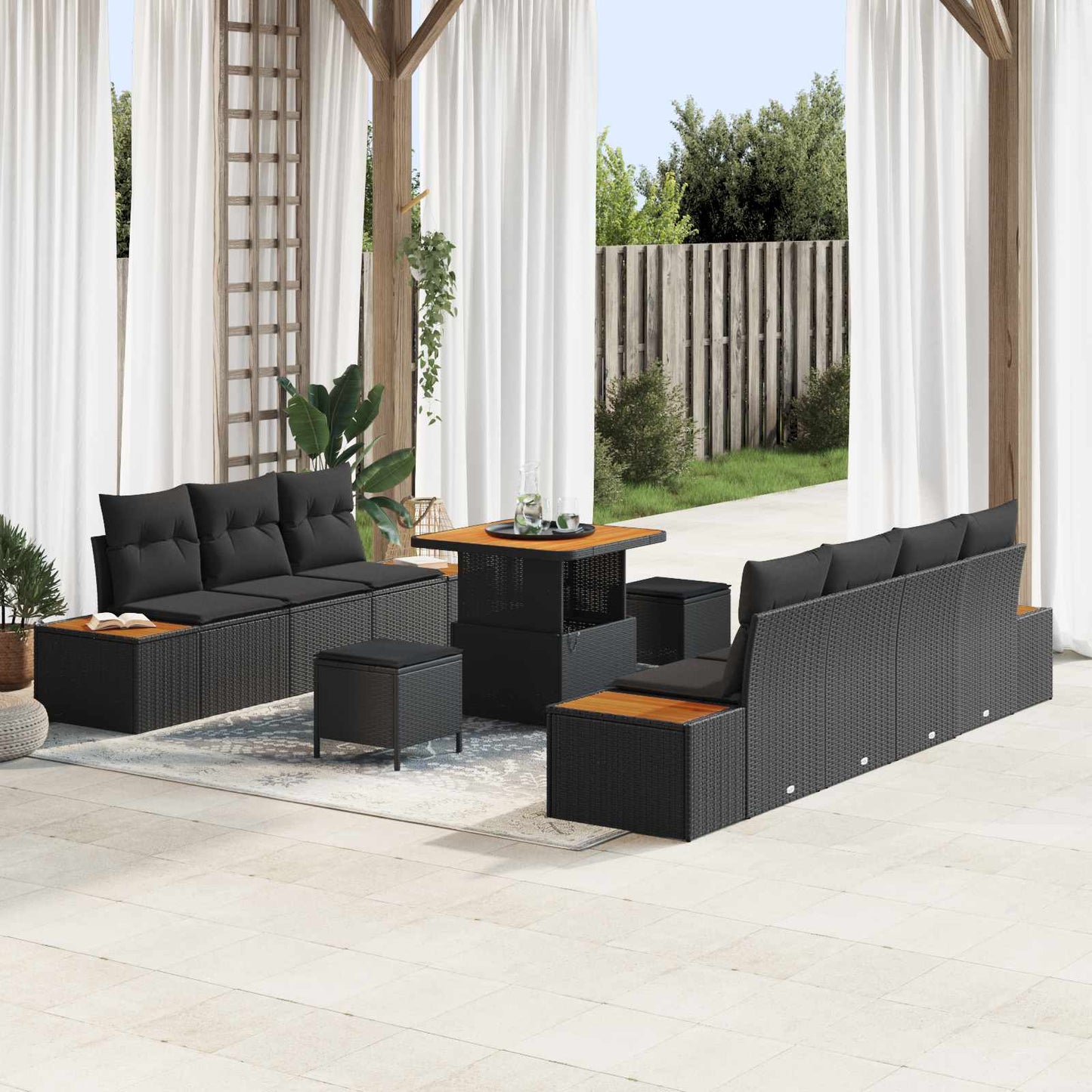 Set Divano da Giardino con cuscino 10 pcs Nero Poly Rattan | homemem39