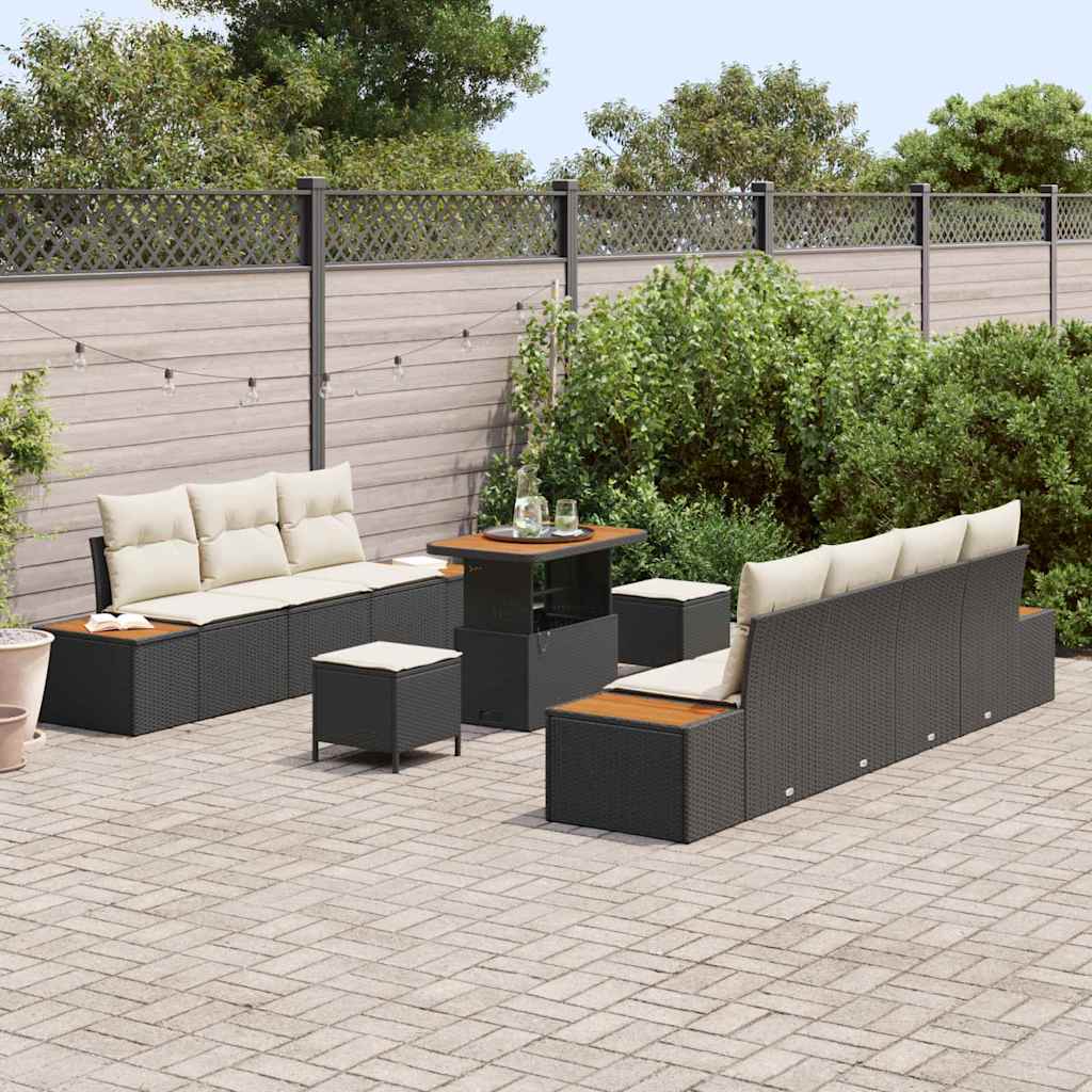 Set Divano da Giardino con cuscino 10 pcs Nero Poly Rattan | homemem39