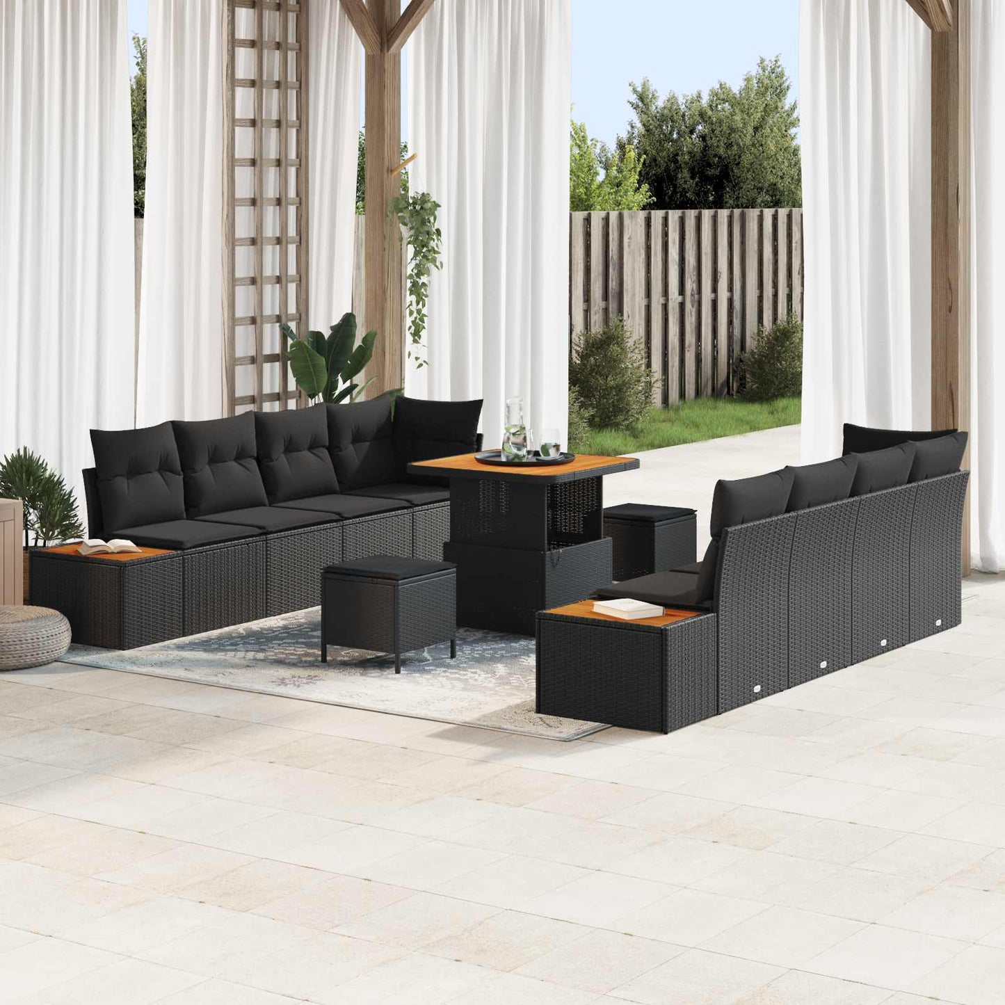 Set Divano da Giardino con cuscino 11 pcs Nero Poly Rattan