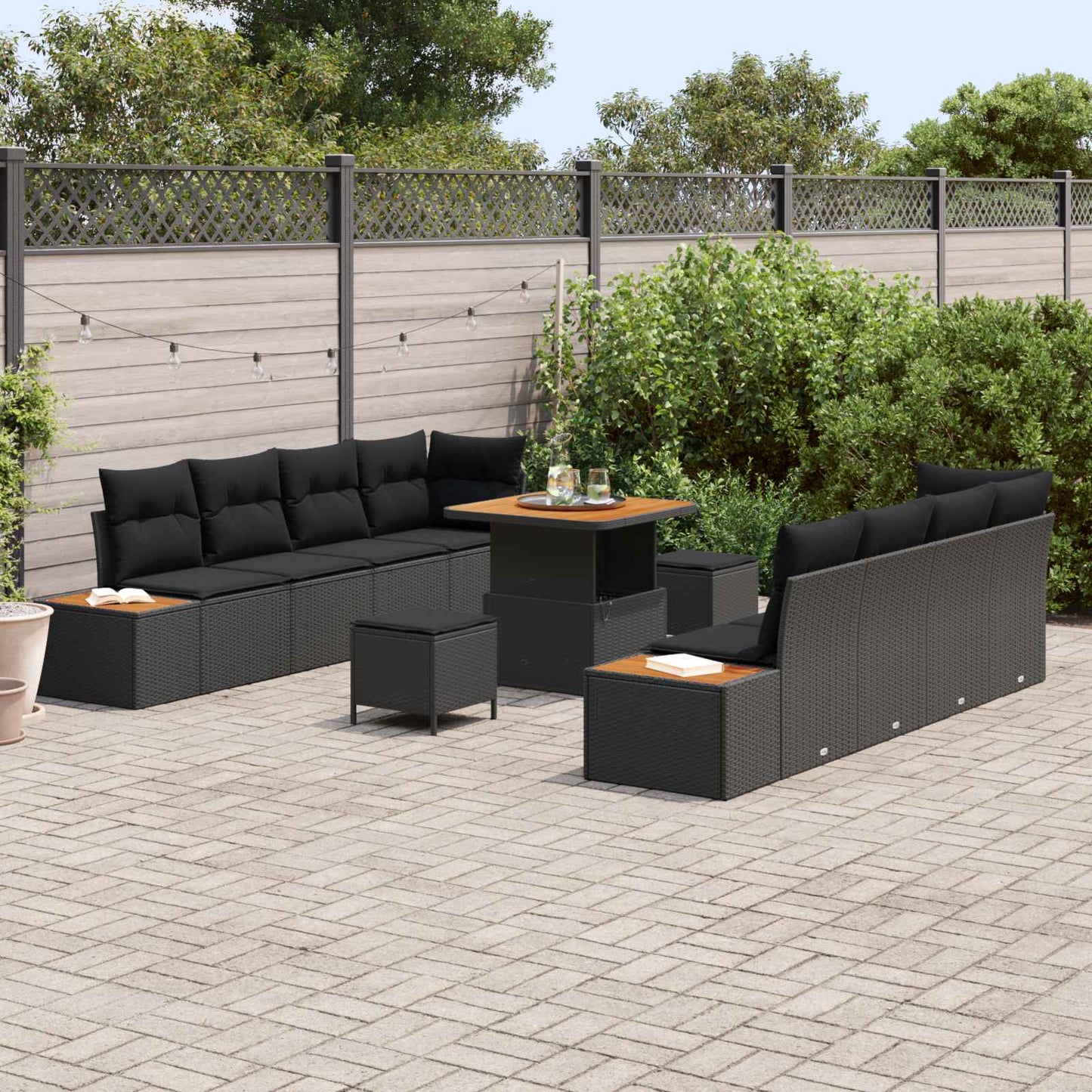 Set Divano da Giardino con cuscino 11 pcs Nero Poly Rattan | homemem39