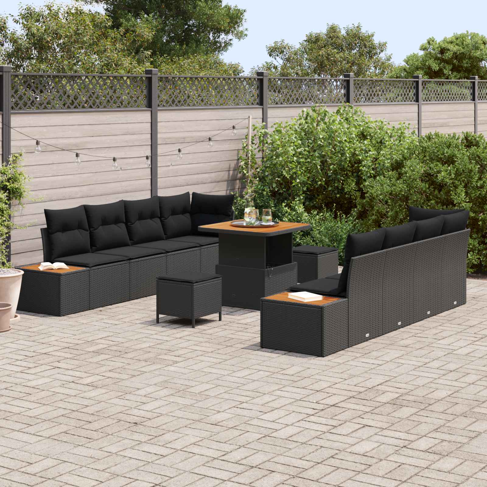 Set Divano da Giardino con cuscino 11 pcs Nero Poly Rattan | homemem39