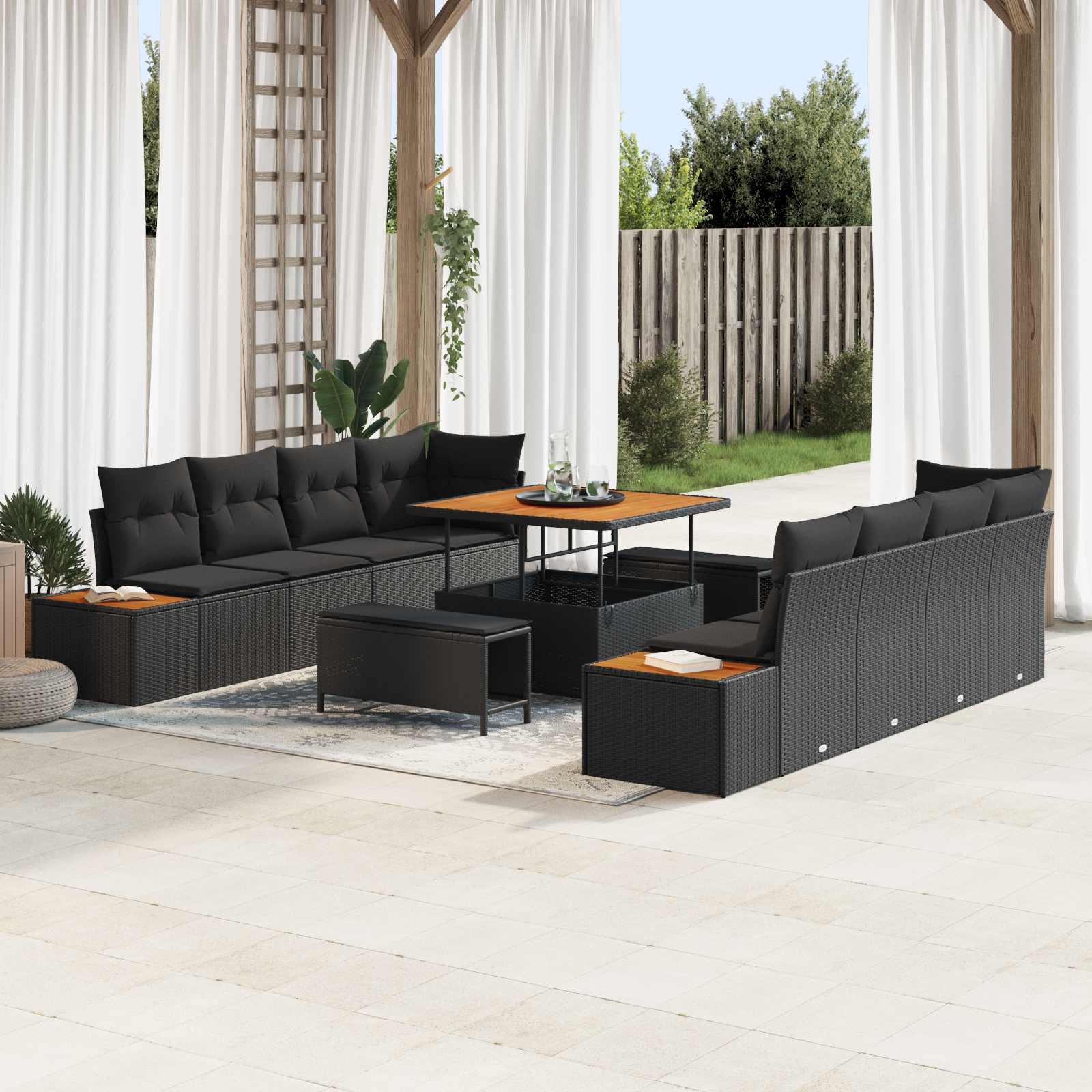 Set Divano da Giardino con cuscino 11 pcs Nero Poly Rattan | homemem39