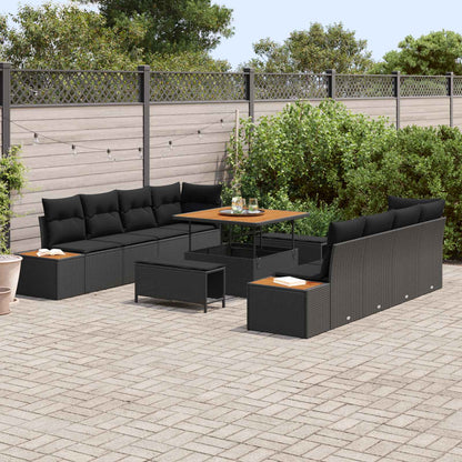 Set Divano da Giardino con cuscino 11 pcs Nero Poly Rattan | homemem39