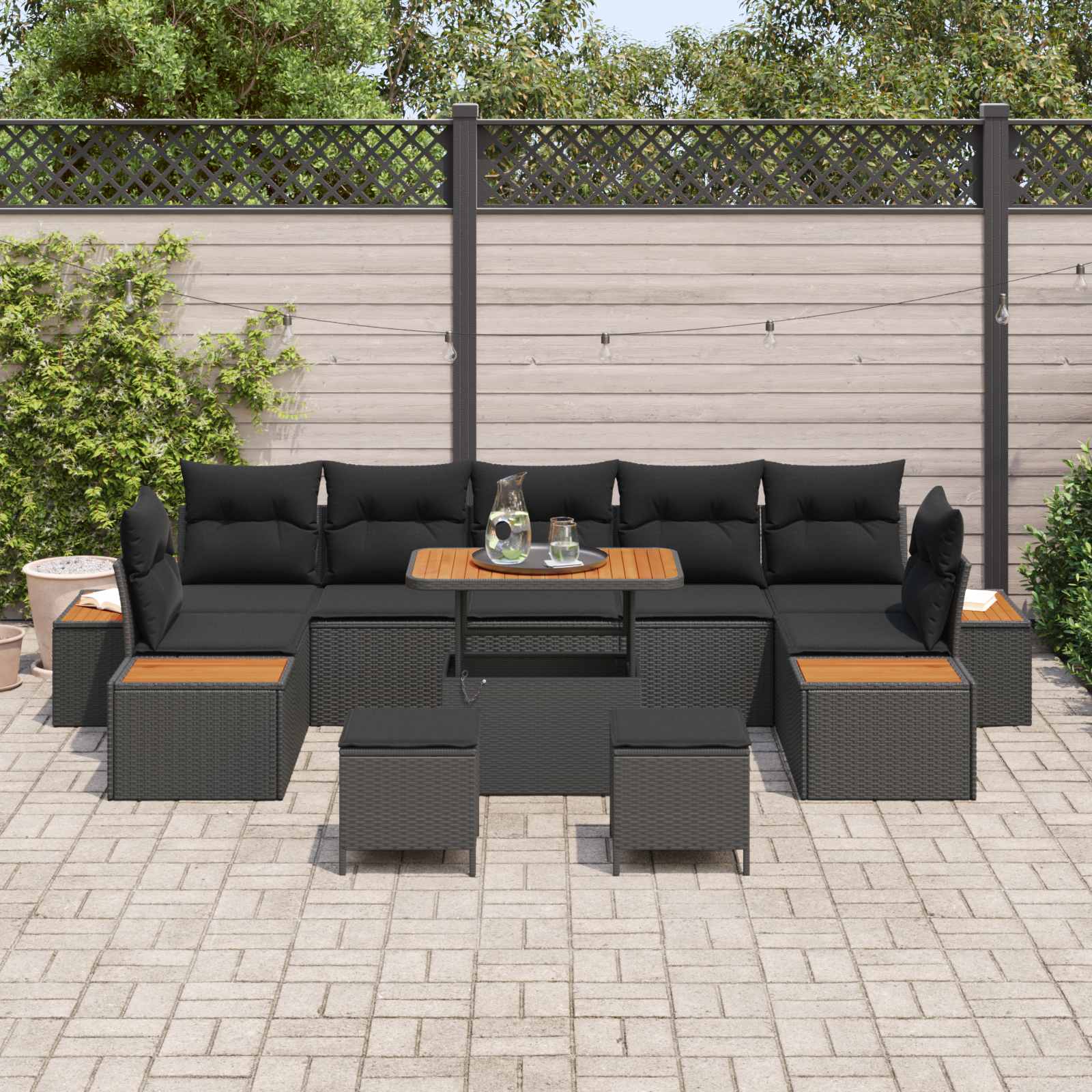 Set Divano da Giardino con cuscino 10 pcs Nero Poly Rattan | homemem39