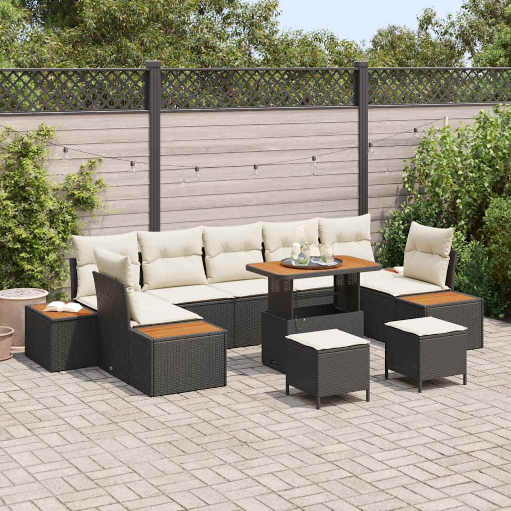 Set Divano da Giardino con cuscino 10 pcs Nero Poly Rattan | homemem39