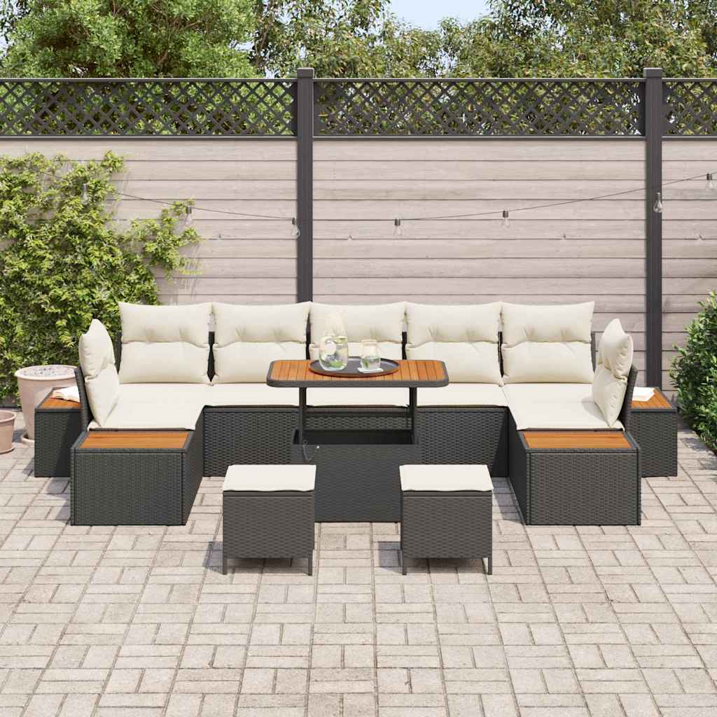 Set Divano da Giardino con cuscino 10 pcs Nero Poly Rattan | homemem39