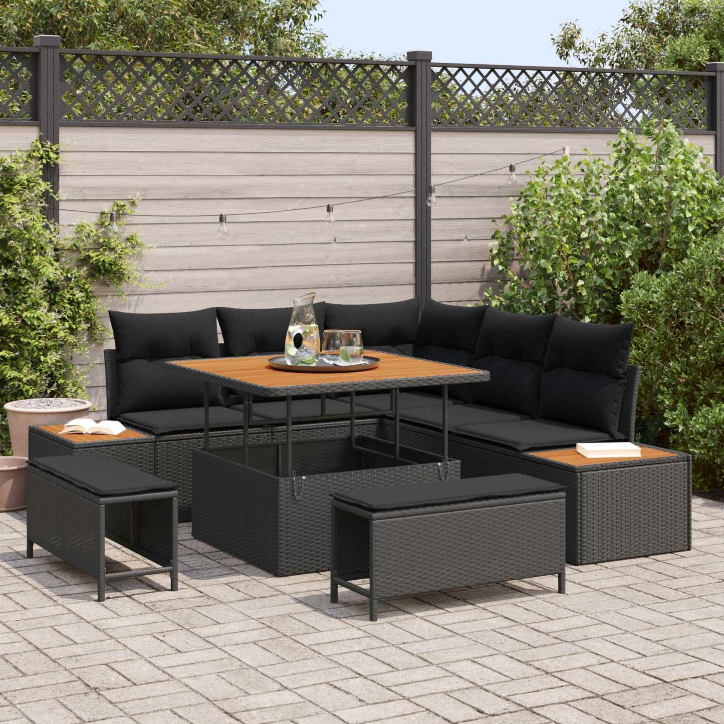 Set Divano da Giardino con cuscino 8 pcs Nero Poly Rattan | homemem39
