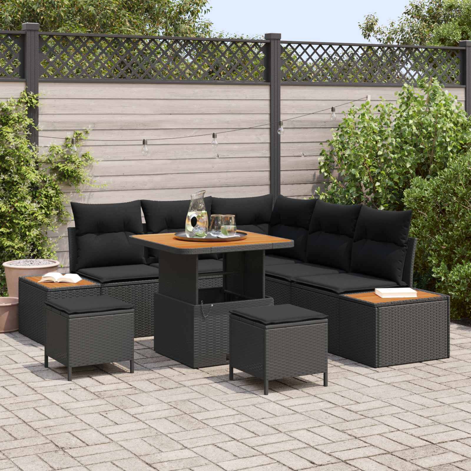 Set Divano da Giardino con cuscino 8 pcs Nero Poly Rattan | homemem39