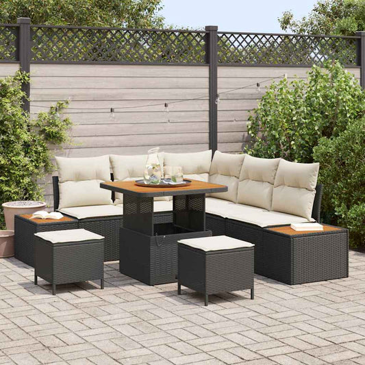 Set Divano da Giardino con cuscino 8 pcs Nero Poly Rattan
