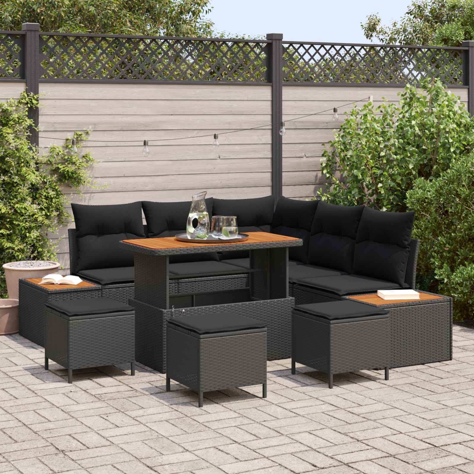 Set Divano da Giardino con cuscino 9 pcs Nero Poly Rattan | homemem39
