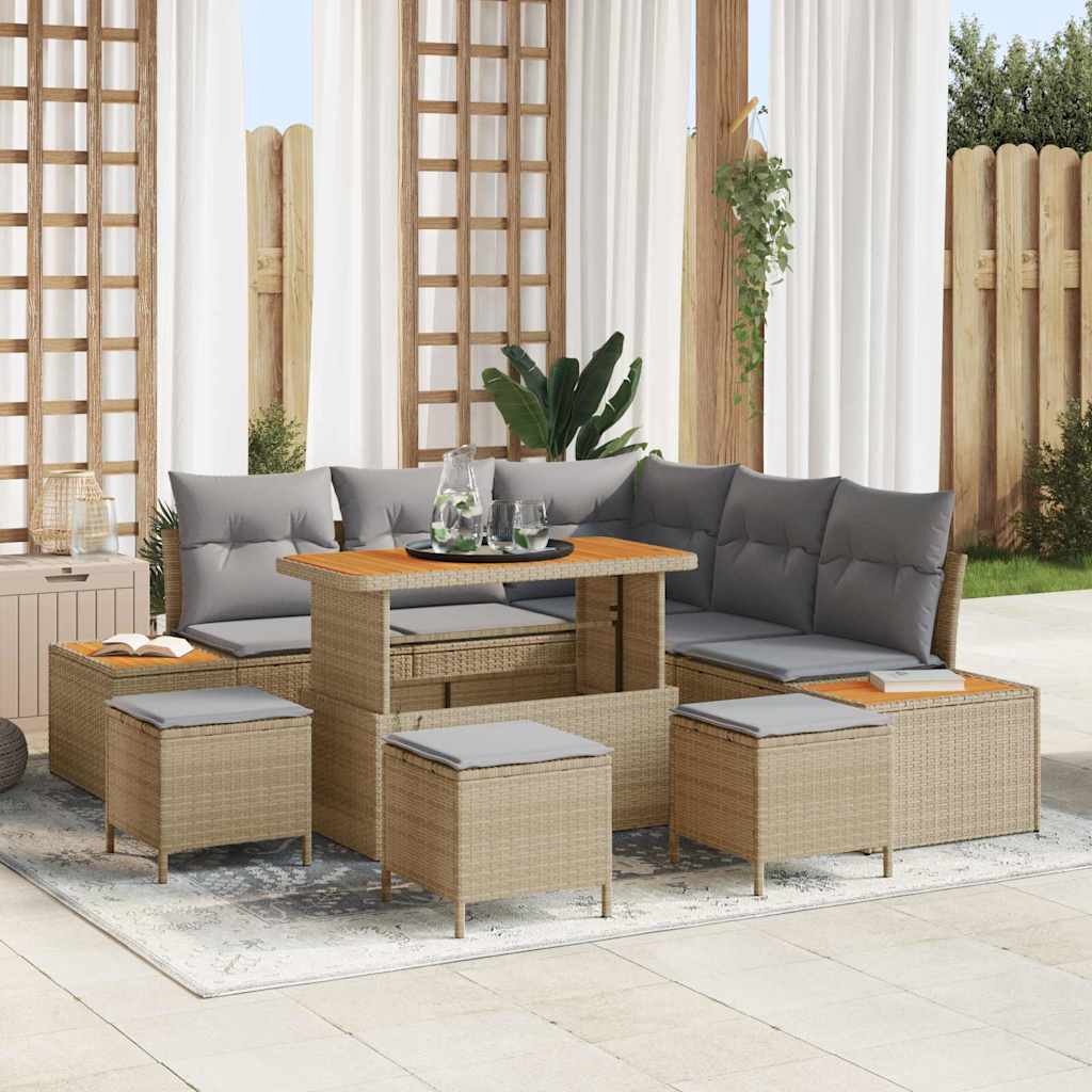 Set Divano da Giardino con cuscino 9 pcs Beige Poly Rattan | homemem39
