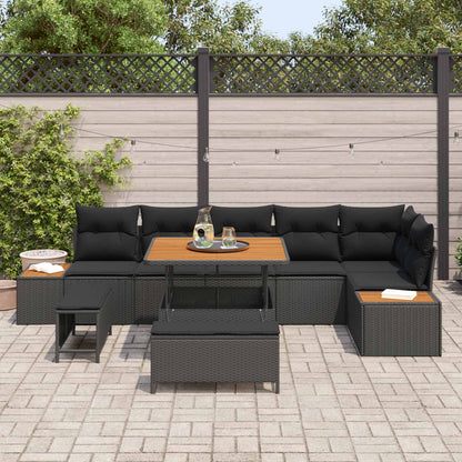 Set Divano da Giardino con cuscino 9 pcs Nero Poly Rattan | homemem39