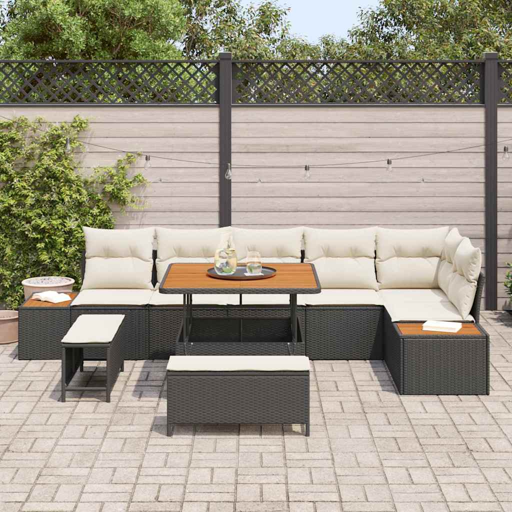 Set Divano da Giardino con cuscino 9 pcs Nero Poly Rattan | homemem39