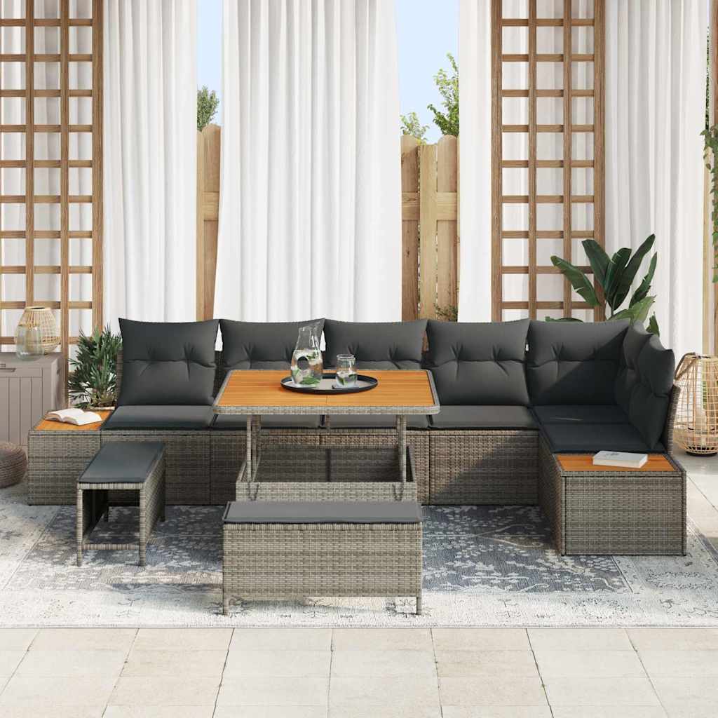 Set Divano da Giardino con cuscino 9 pcs Grigio Poly Rattan