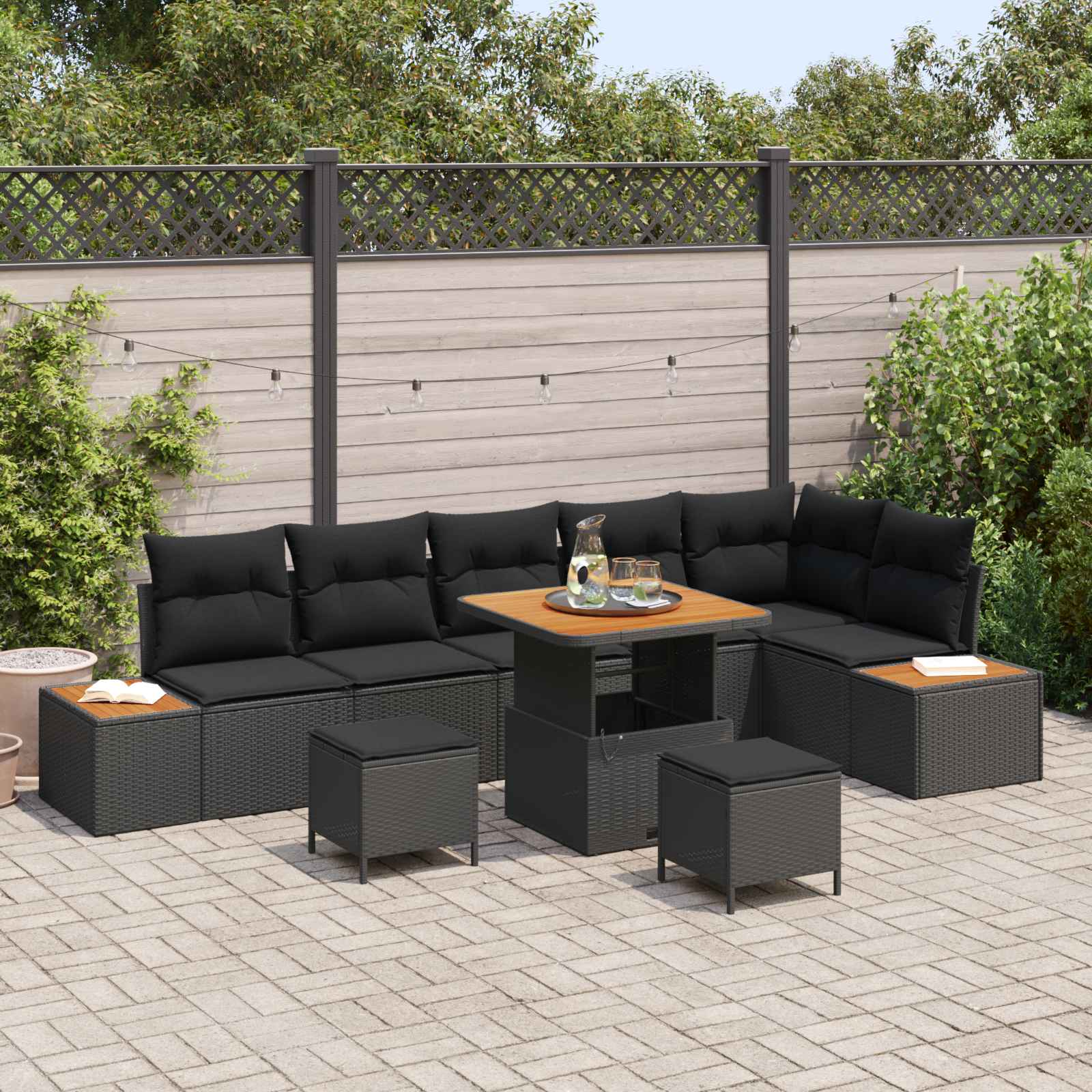 Set Divano da Giardino con cuscino 9 pcs Nero Poly Rattan | homemem39