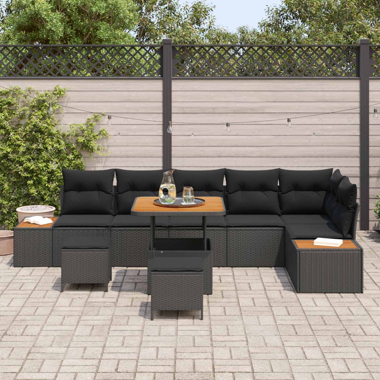 Set Divano da Giardino con cuscino 9 pcs Nero Poly Rattan | homemem39