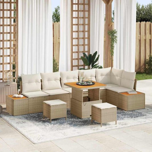 Set Divano da Giardino con cuscino 9 pcs Beige Poly Rattan