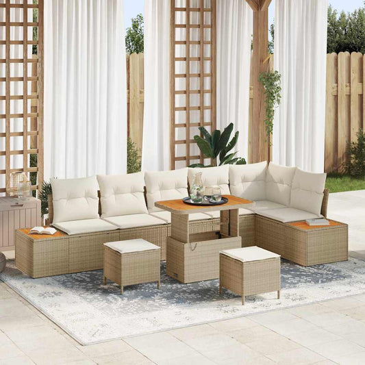 Set Divano da Giardino con cuscino 9 pcs Beige Poly Rattan
