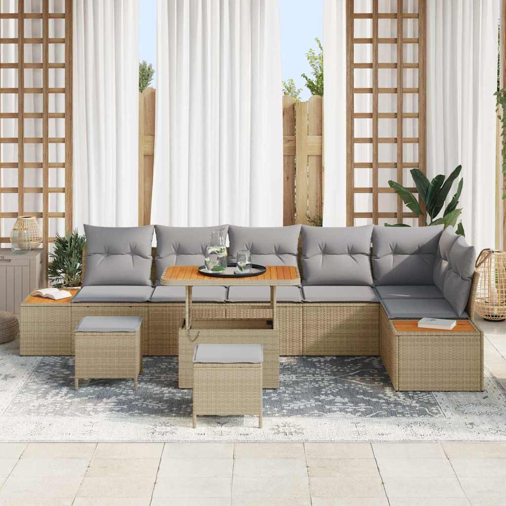Set Divano da Giardino 9 pz 8-Numero di posti Beige Poly Rattan