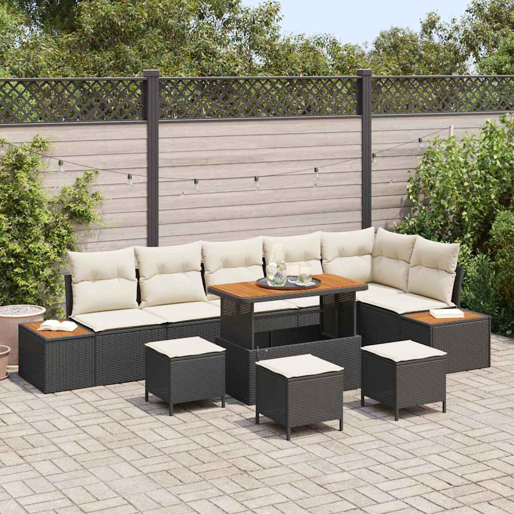 Set Divano da Giardino con cuscino 10 pcs Nero Poly Rattan | homemem39