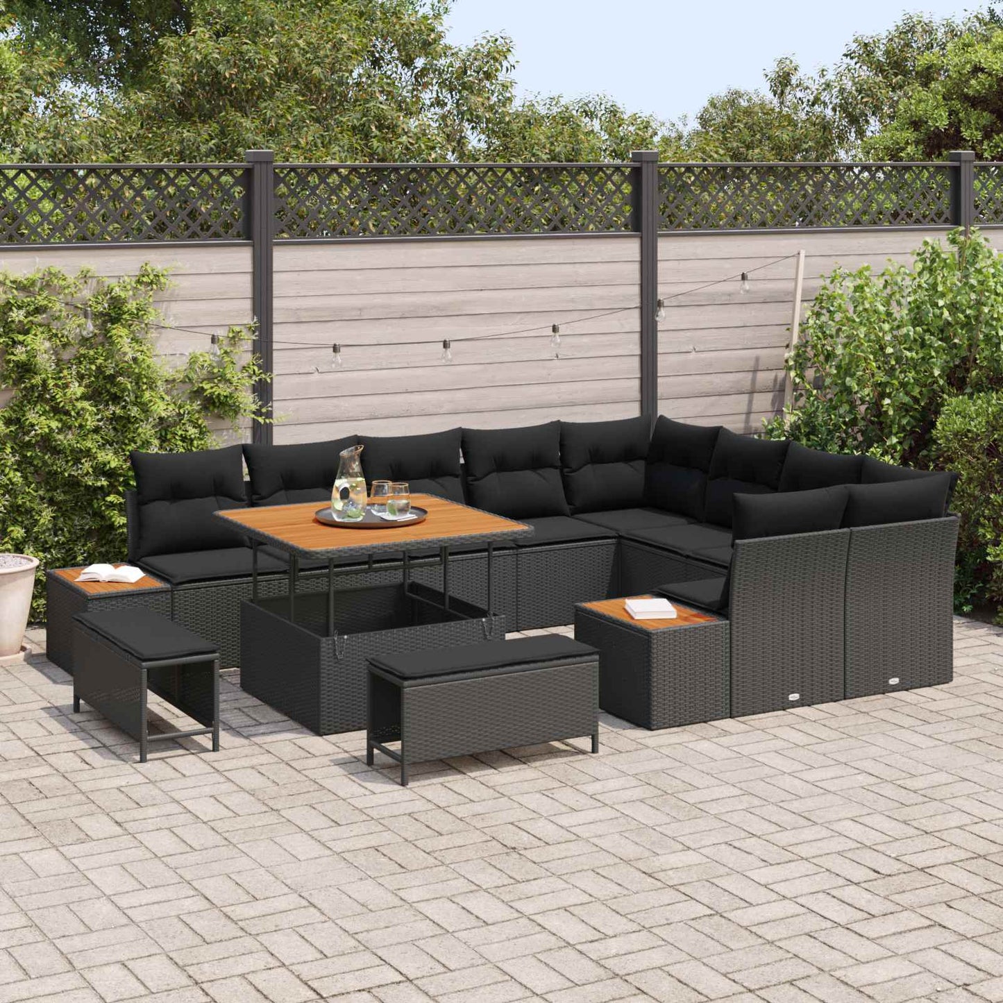 Set Divano da Giardino con cuscino 12 pcs Nero Poly Rattan | homemem39