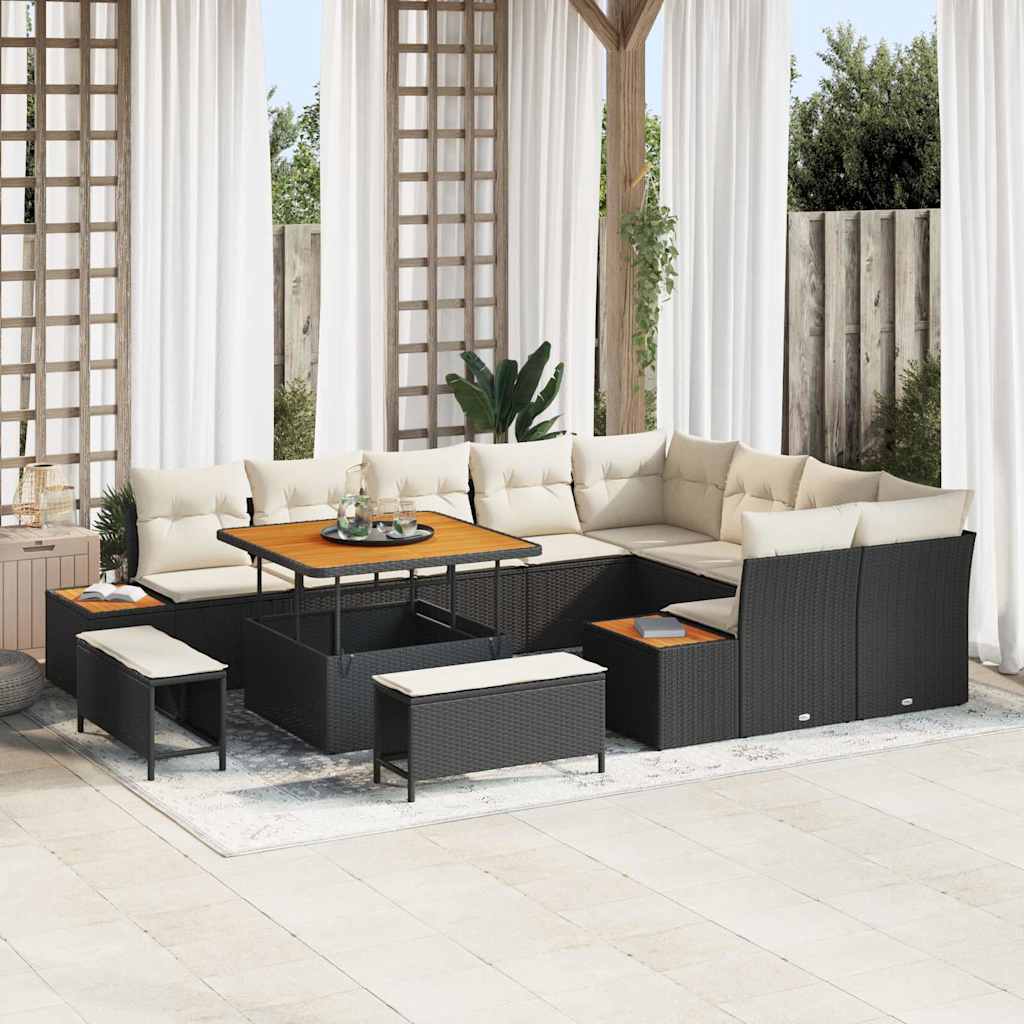 Set Divano da Giardino con cuscino 12 pcs Nero Poly Rattan | homemem39