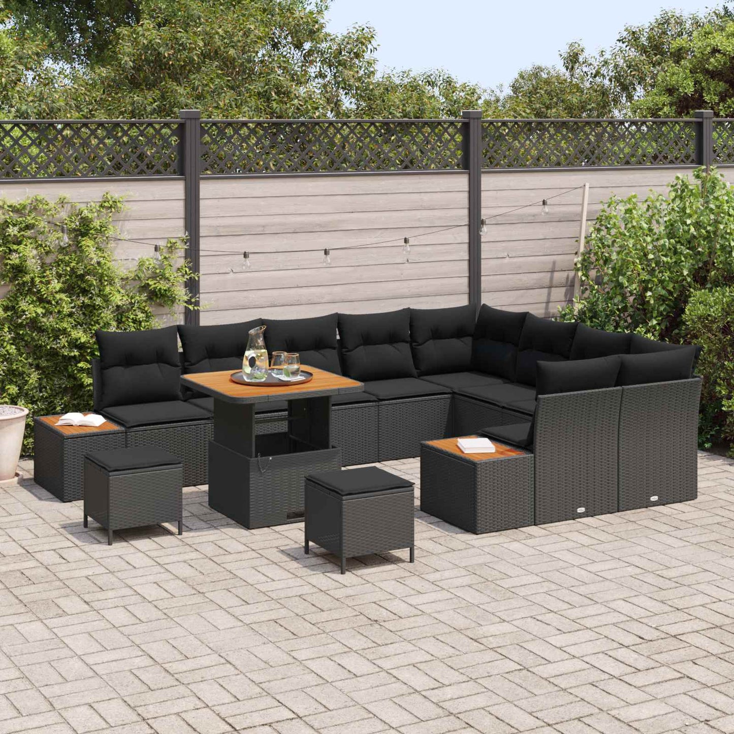 Set Divano da Giardino con cuscino 12 pcs Nero Poly Rattan | homemem39