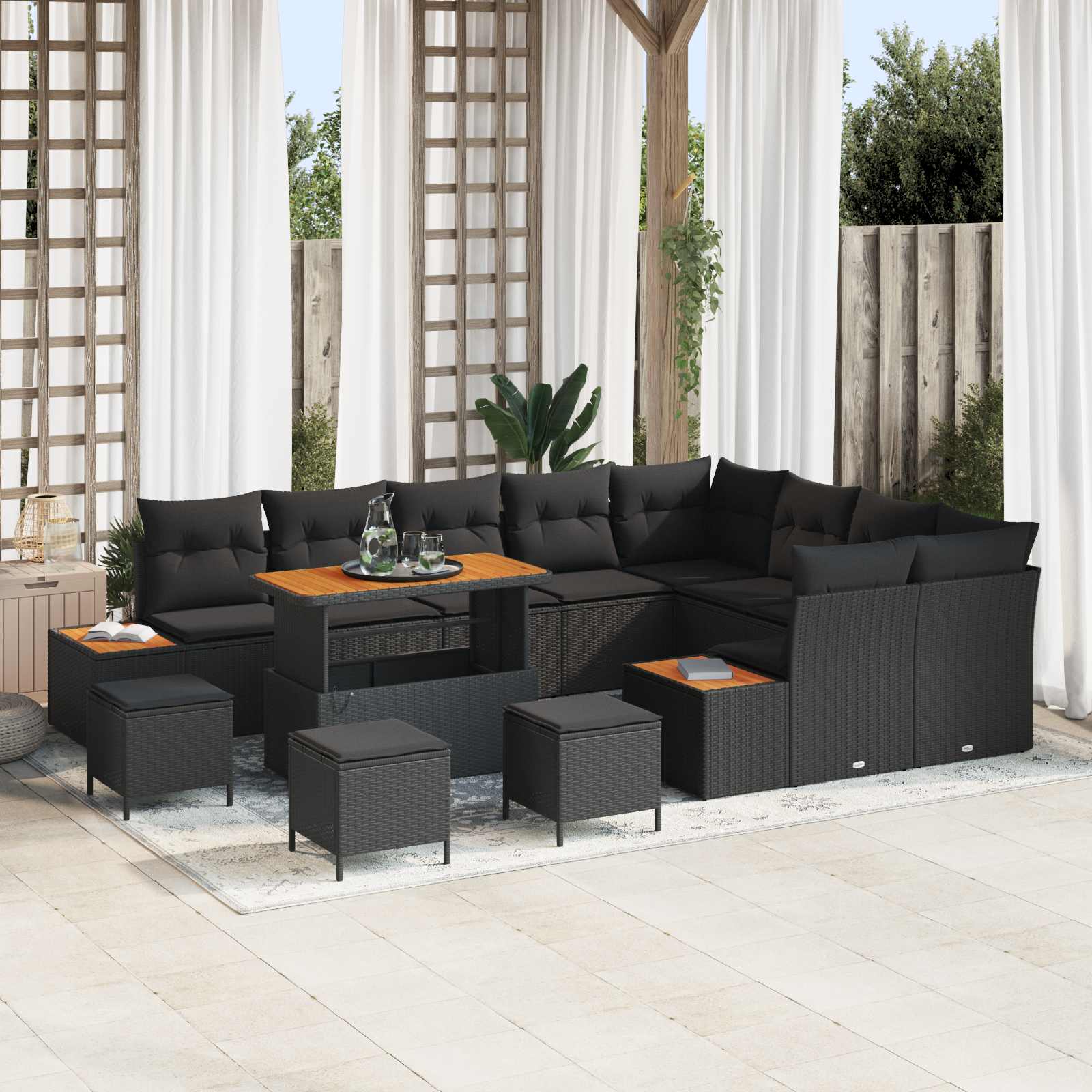 Set Divano da Giardino con cuscino 13 pcs Nero Poly Rattan | homemem39