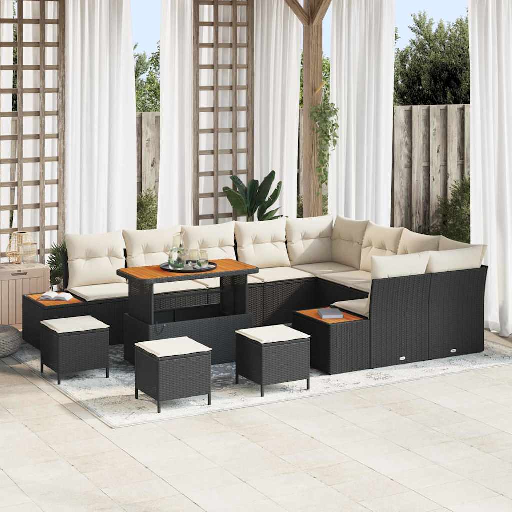 Set Divano da Giardino con cuscino 13 pcs Nero Poly Rattan | homemem39