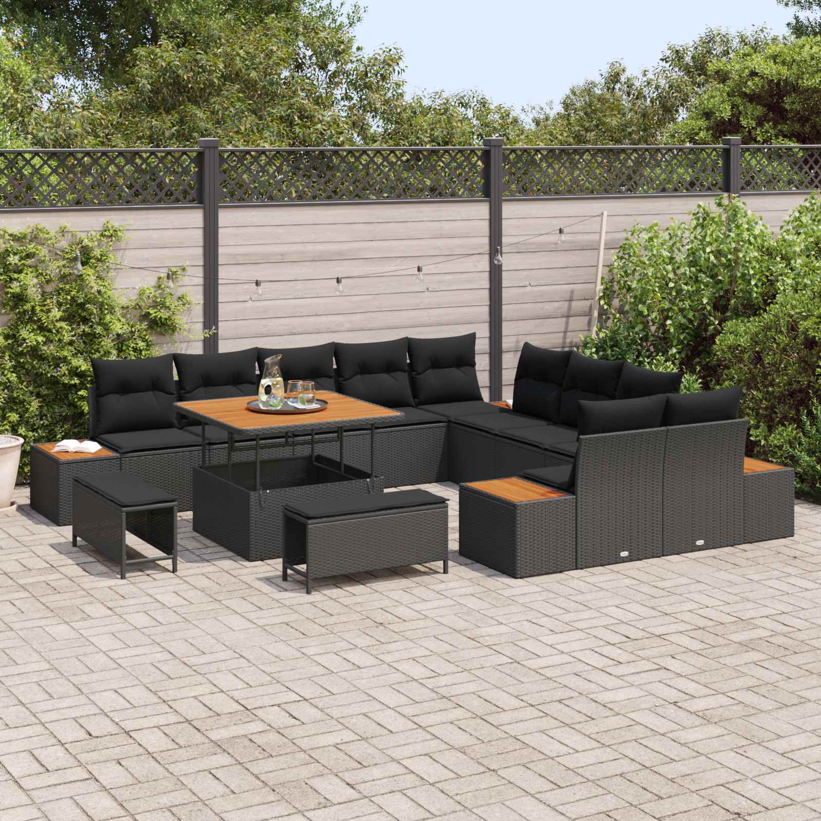 Set Divano da Giardino con cuscino 13 pcs Nero Poly Rattan | homemem39