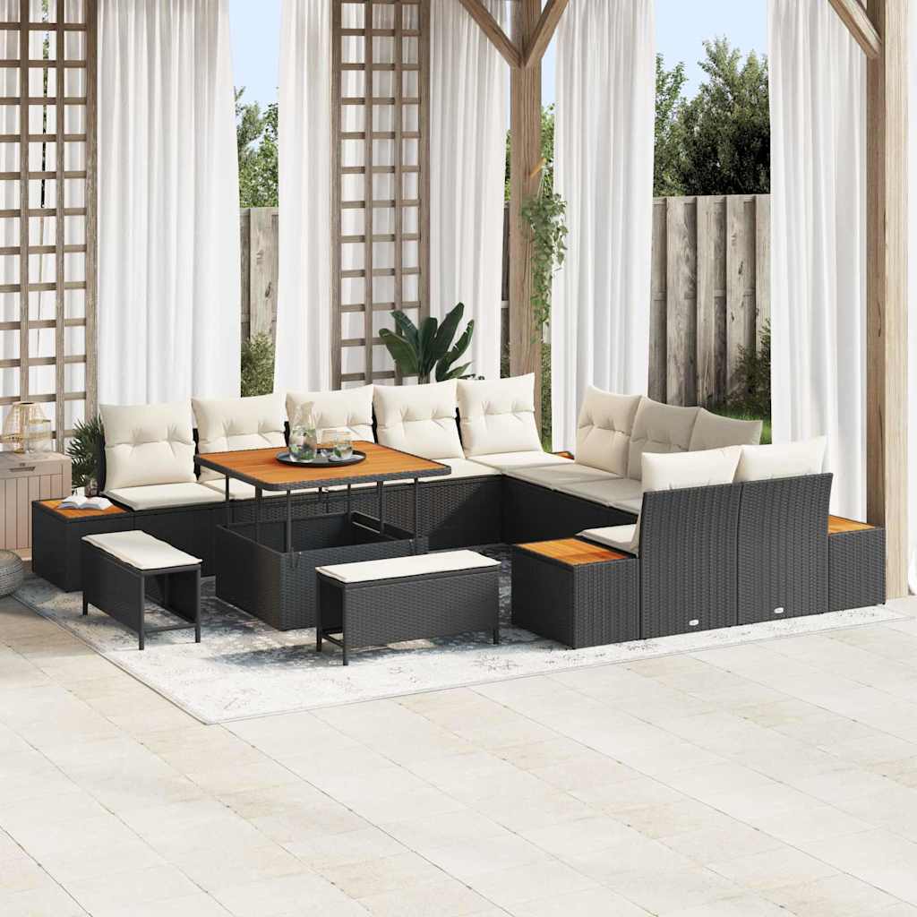Set Divano da Giardino con cuscino 13 pcs Nero Poly Rattan | homemem39
