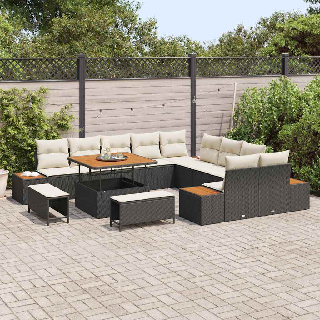 Set Divano da Giardino con cuscino 13 pcs Nero Poly Rattan | homemem39