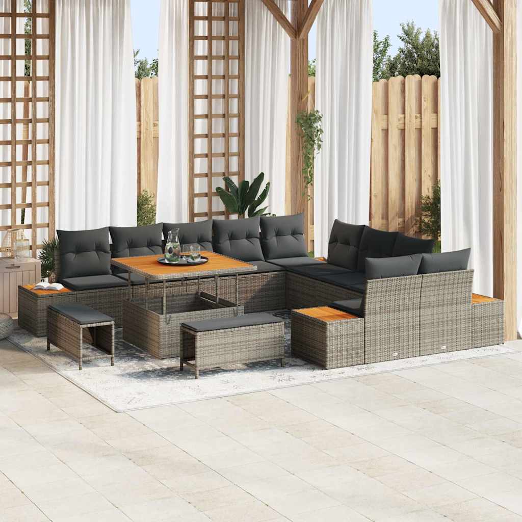 Set Divano da Giardino con cuscino 13 pcs Grigio Poly Rattan | homemem39