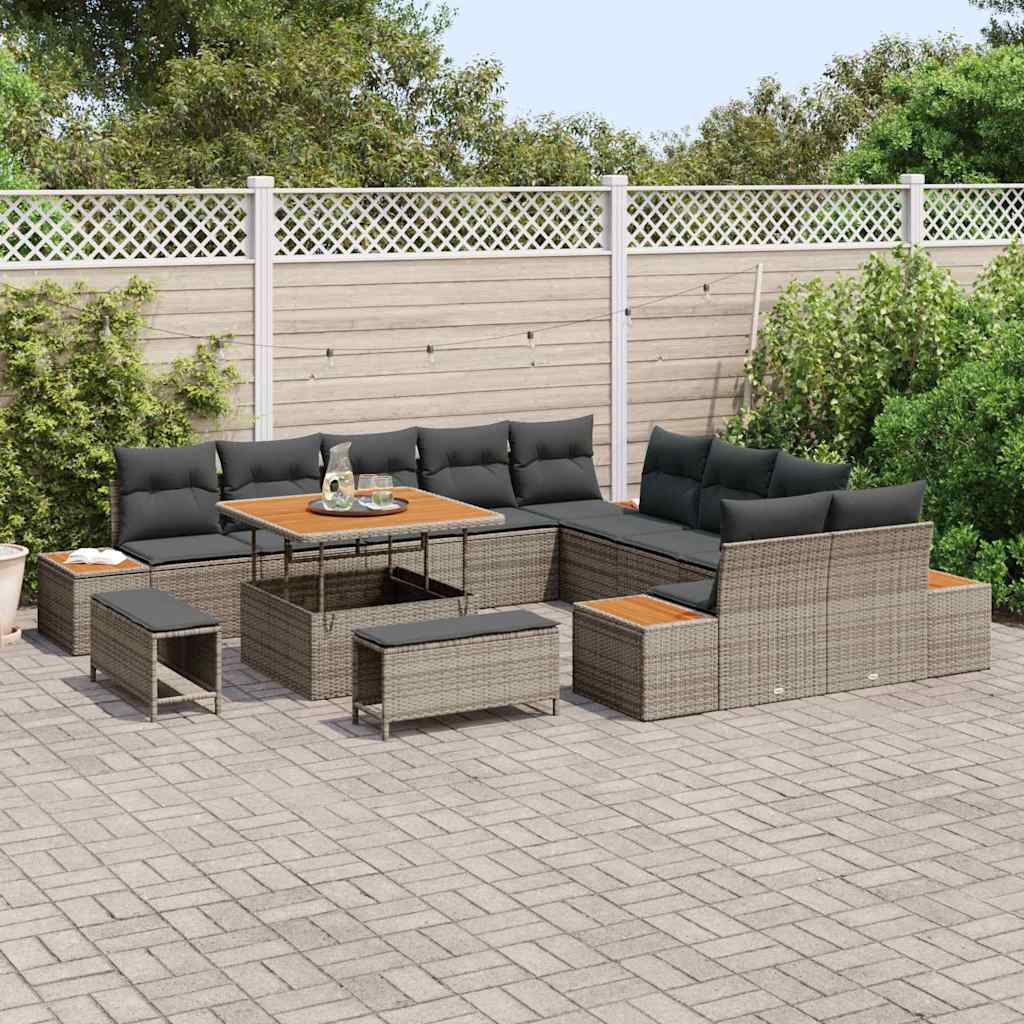 Set Divano da Giardino con cuscino 13 pcs Grigio Poly Rattan | homemem39