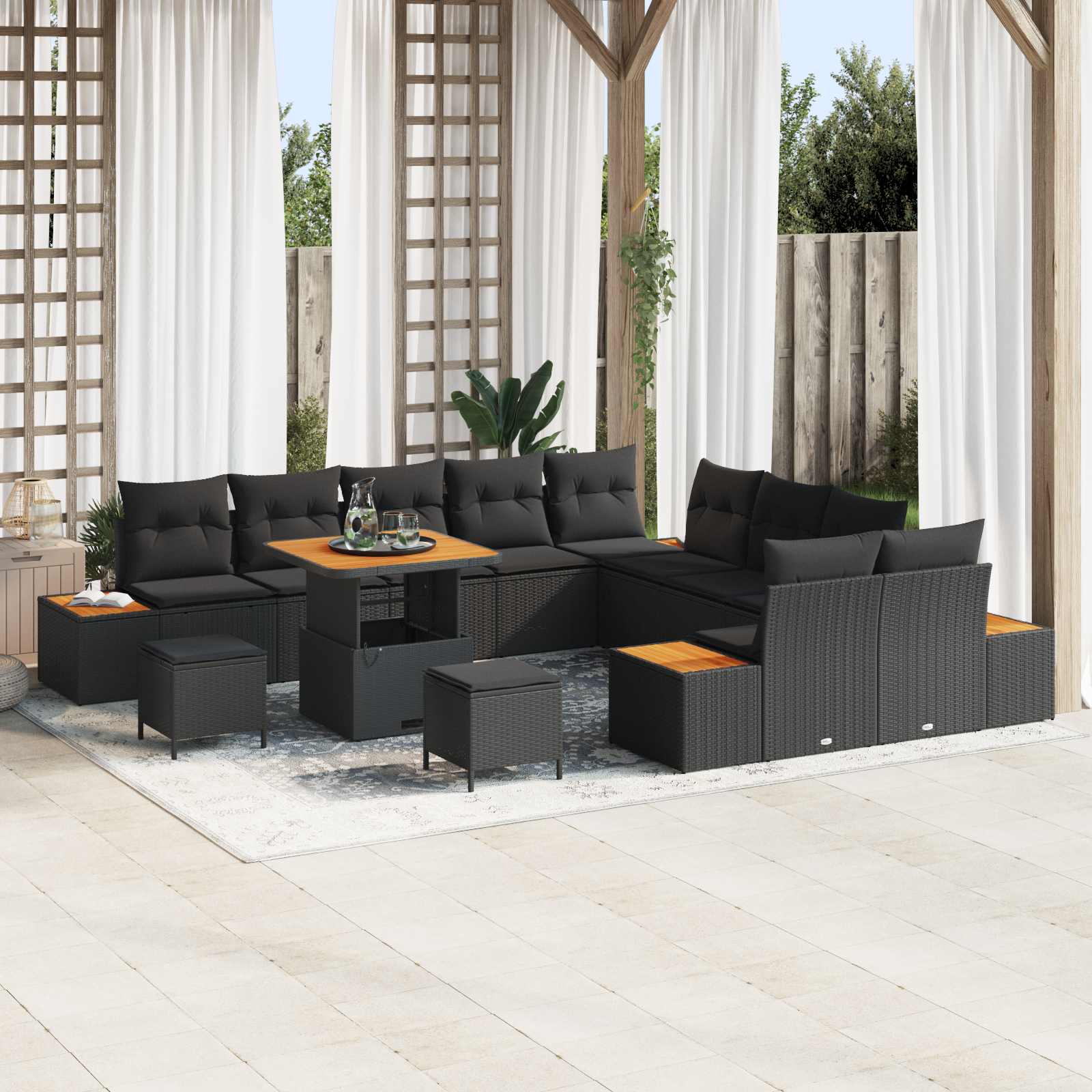 Set Divano da Giardino con cuscino 13 pcs Nero Poly Rattan | homemem39