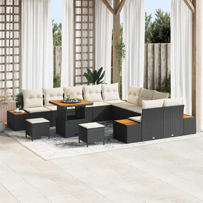 Set Divano da Giardino con cuscino 13 pcs Nero Poly Rattan | homemem39