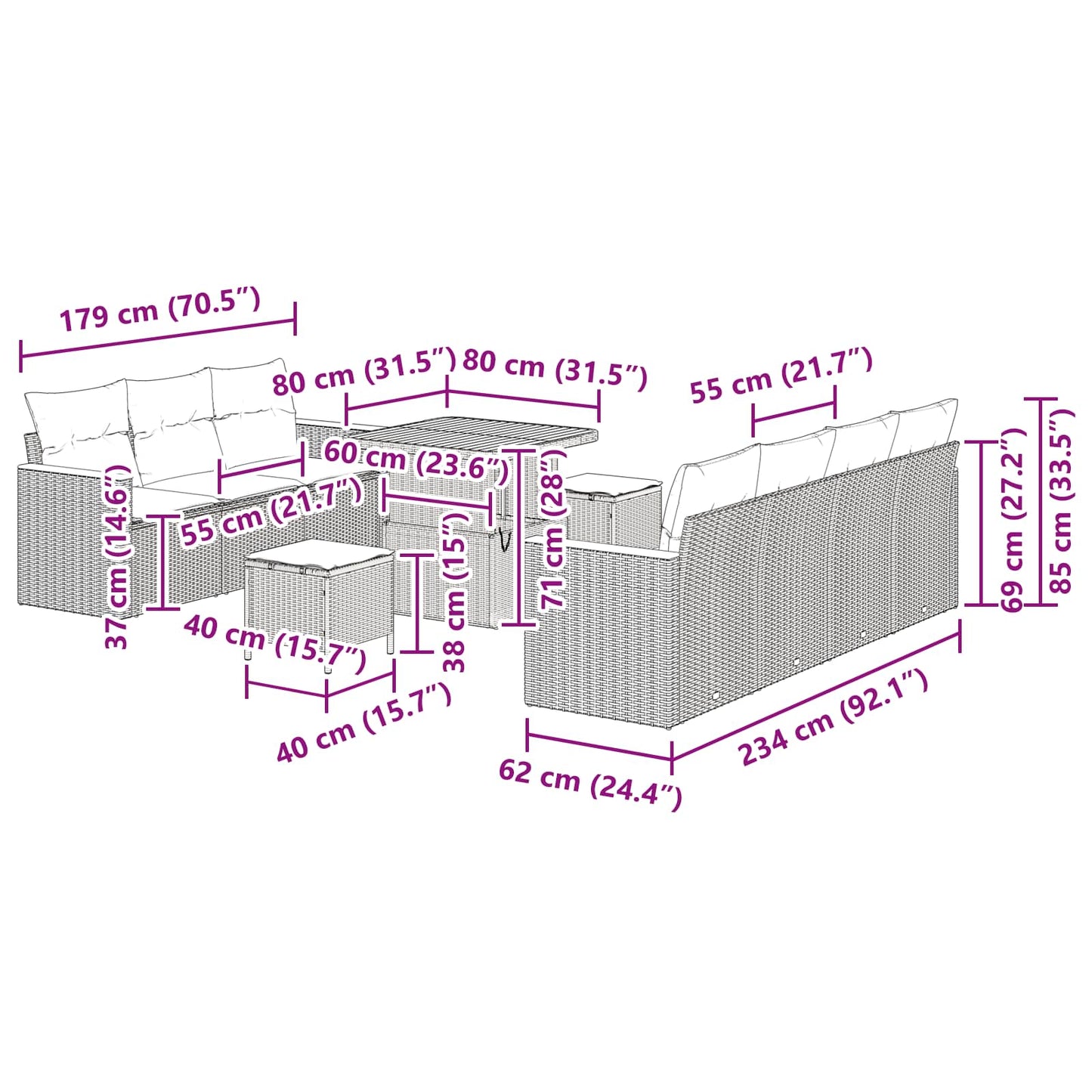 Set Divano da Giardino con cuscino 14 pcs Nero polyrattan | homemem39