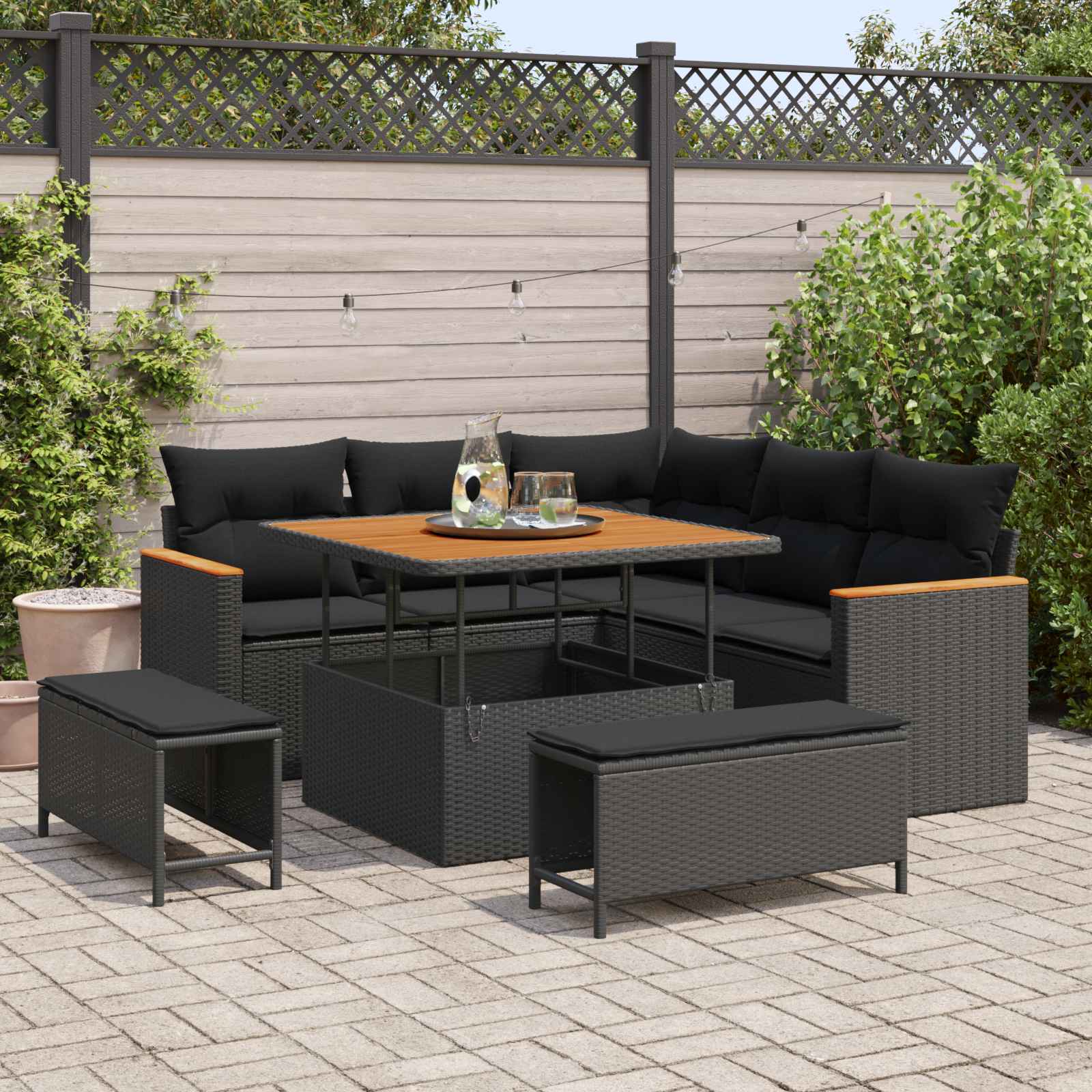 Set Divano da Giardino con cuscino 8 pcs Nero Poly Rattan | homemem39