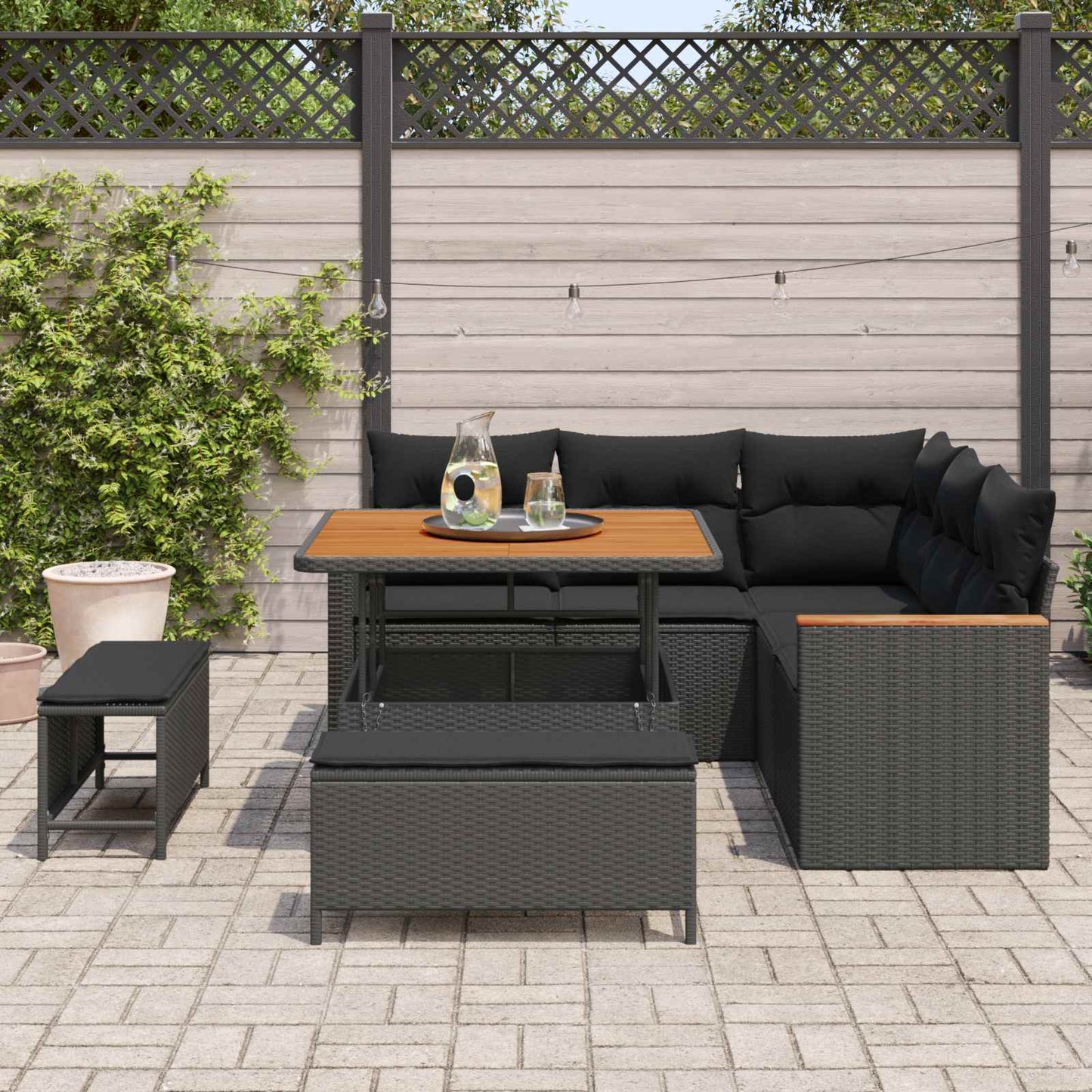 Set Divano da Giardino con cuscino 8 pcs Nero Poly Rattan | homemem39