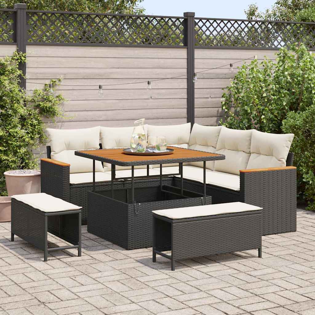 Set Divano da Giardino con cuscino 8 pcs Nero Poly Rattan | homemem39