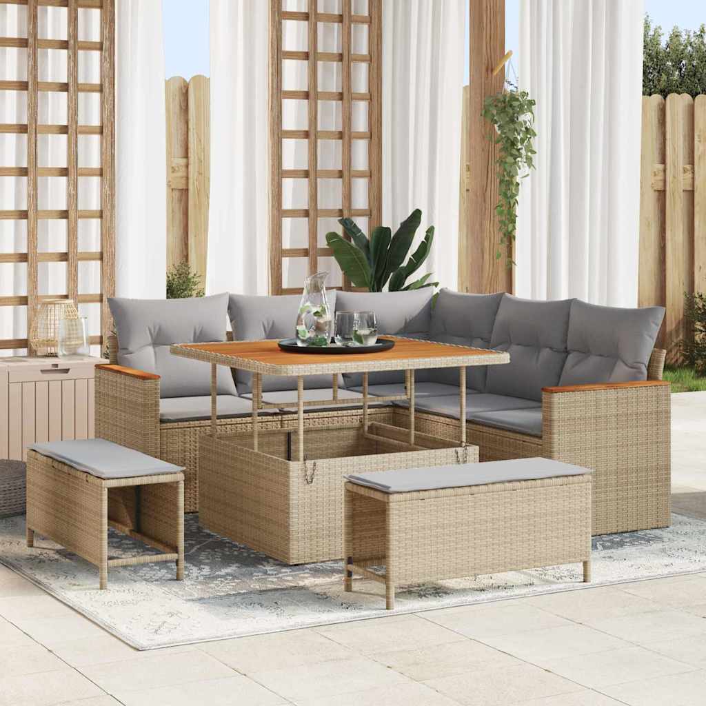 Set Divano da Giardino 8 pz 5-Numero di posti Beige Poly Rattan