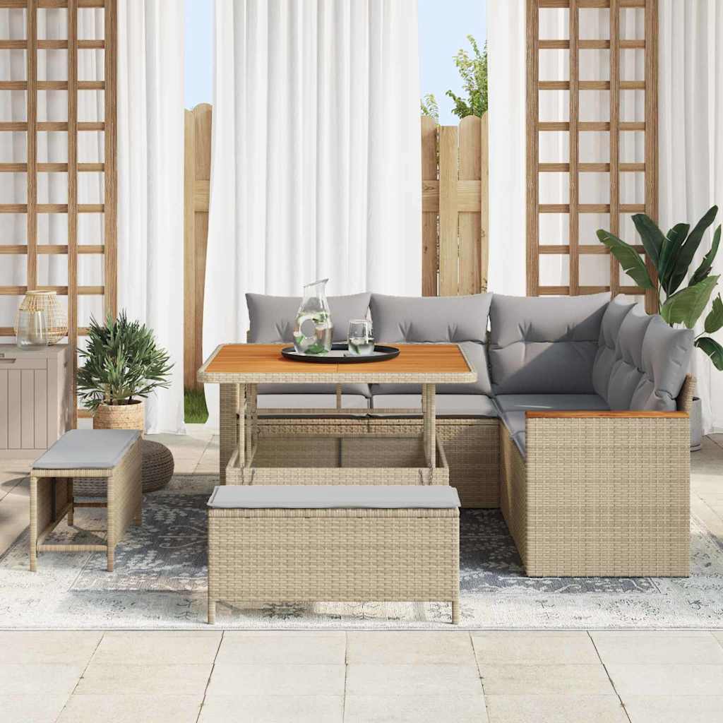 Set Divano da Giardino 8 pz 5-Numero di posti Beige Poly Rattan