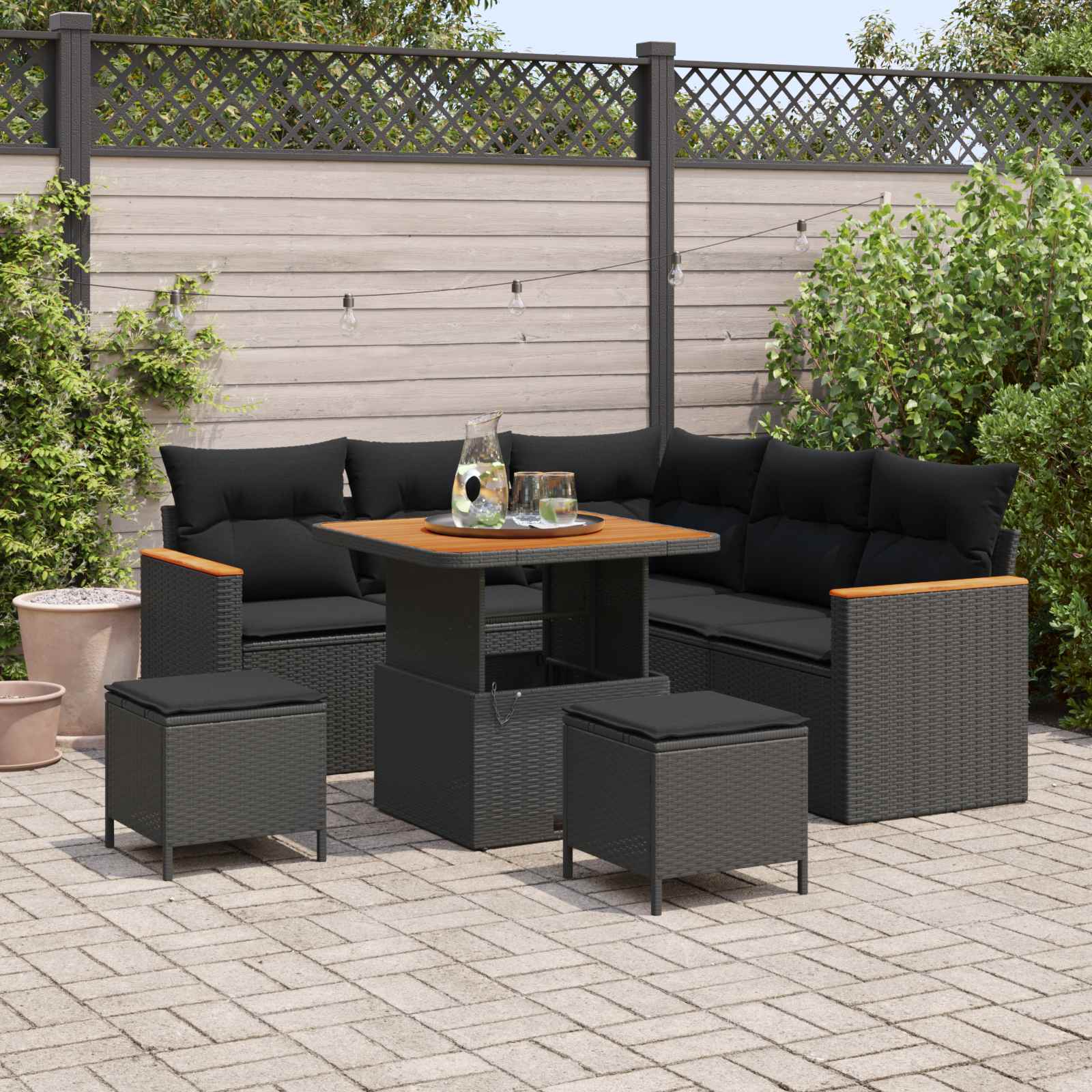 Set Divano da Giardino con cuscino 8 pcs Nero Poly Rattan | homemem39