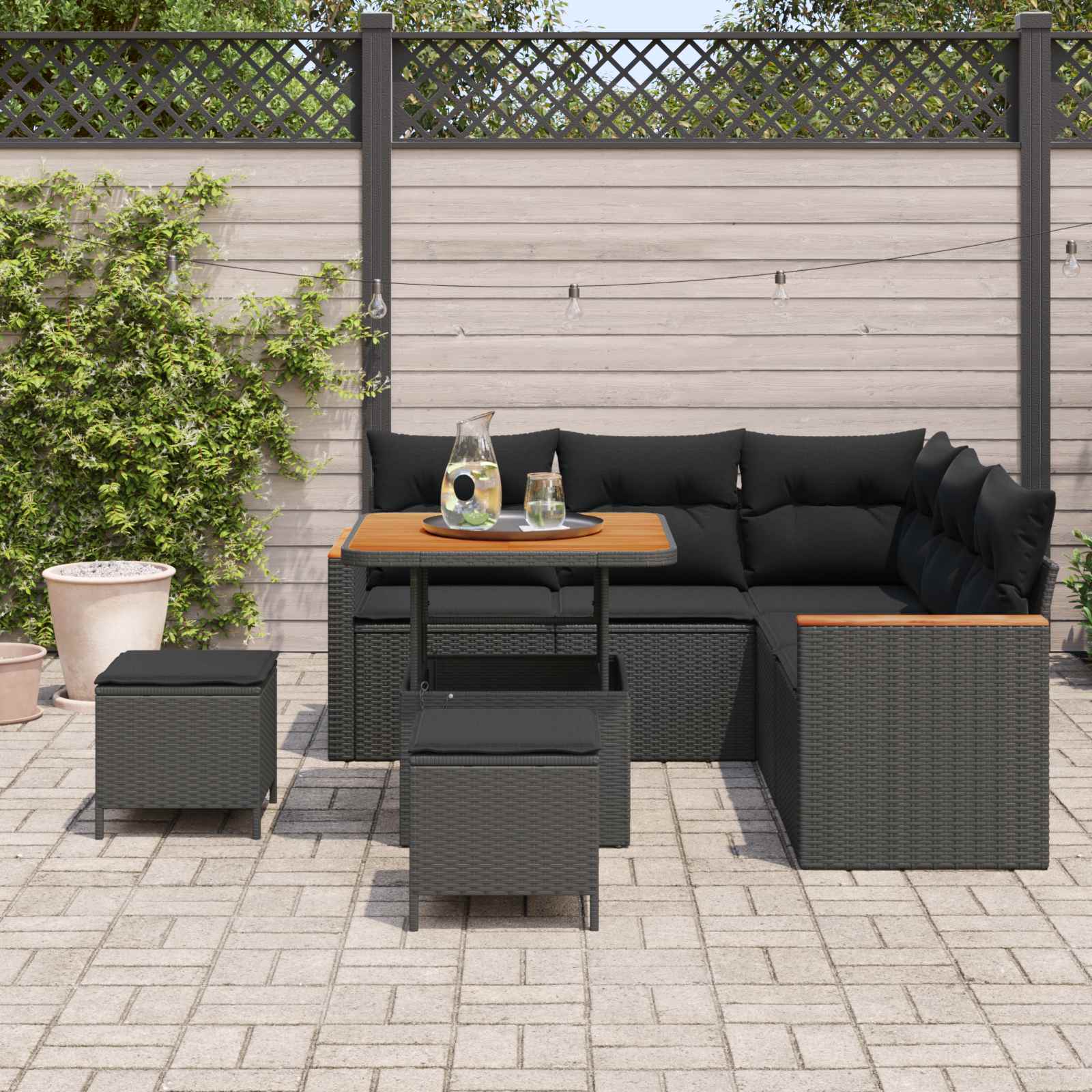 Set Divano da Giardino con cuscino 8 pcs Nero Poly Rattan | homemem39