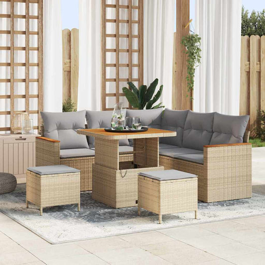 Set Divano da Giardino 8 pz 5-Numero di posti Beige Poly Rattan | homemem39