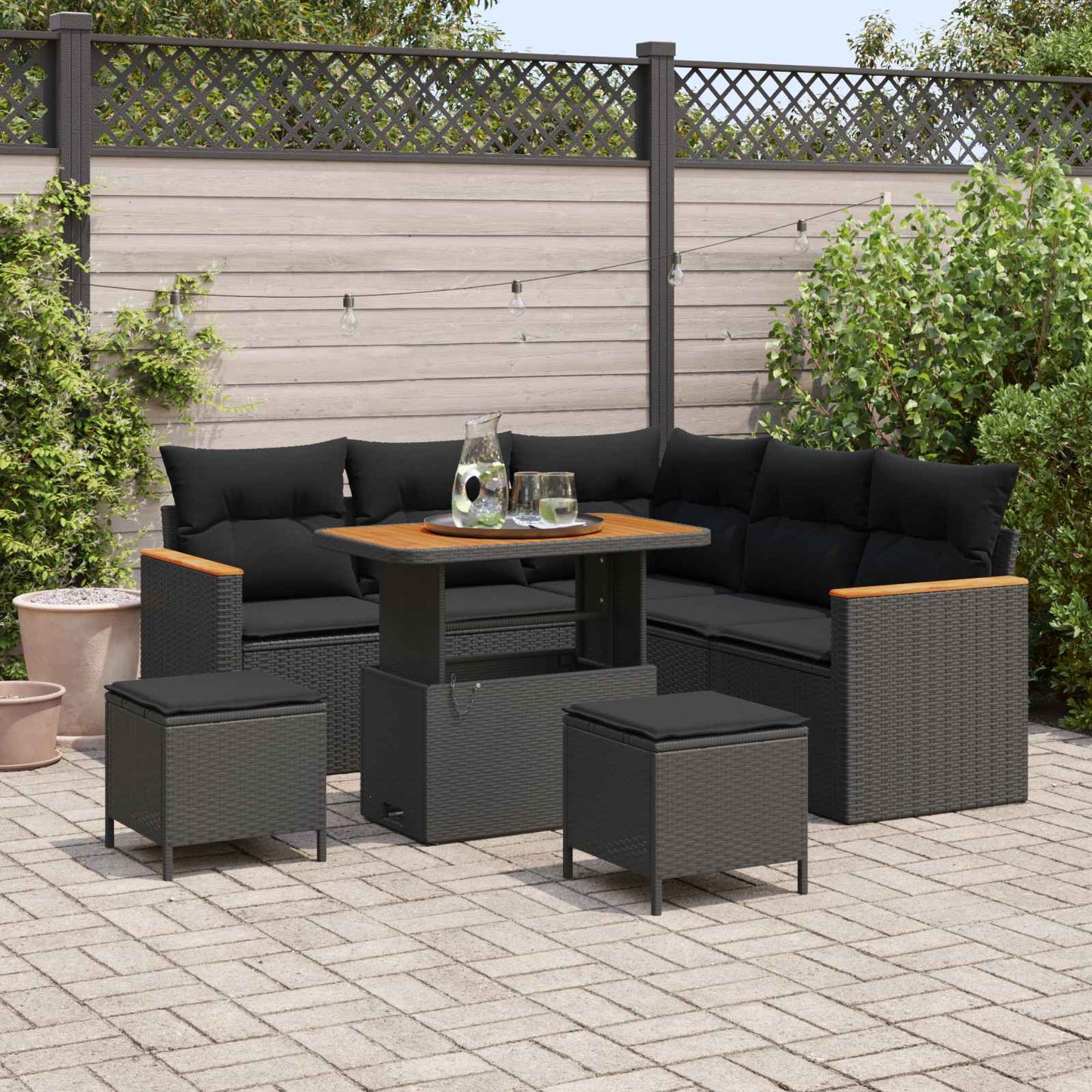 Set Divano da Giardino con cuscino 8 pcs Nero Poly Rattan | homemem39